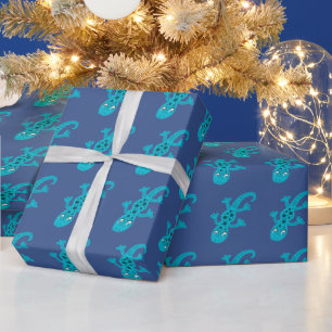 Papier Cadeau Gecko Lézard Mignon Bleu Enfant