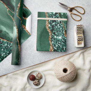 Papier Cadeau Géode d'agate de l'océan pailleté vert et or éléga