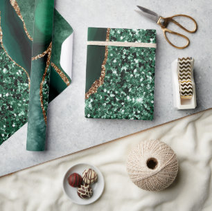 Papier Cadeau Géode d'agate de l'océan pailleté vert et or éléga