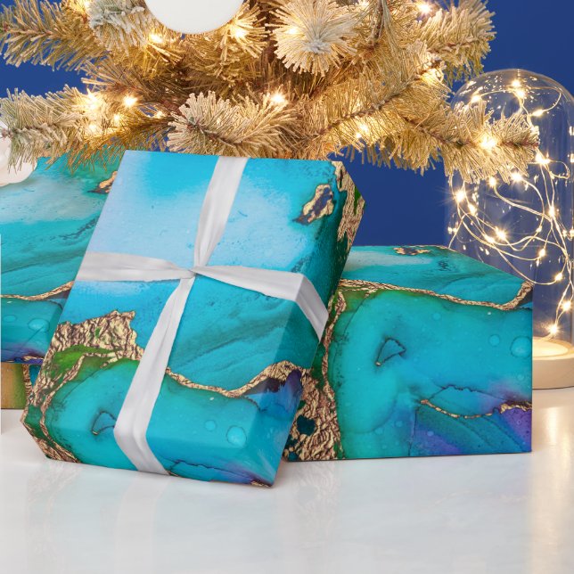 Papier Cadeau Geode faux or bleu violet agate aquarelle chic (Vacances)