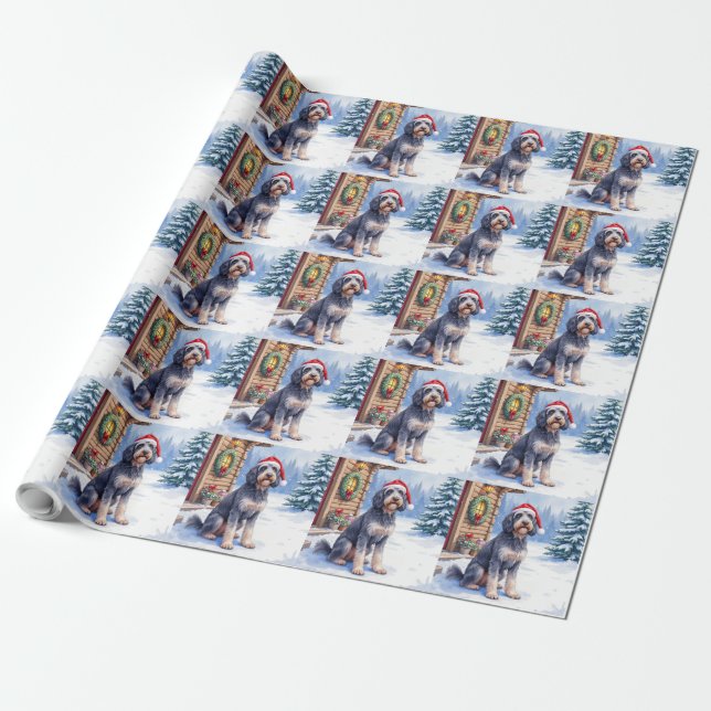 Papier Cadeau German Wirehaired Pointer Snowy Lodge Santa Hat (Déroulé)