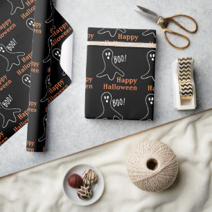 Papier Cadeau Ghost Saying Boo Happy Halloween noir et orange