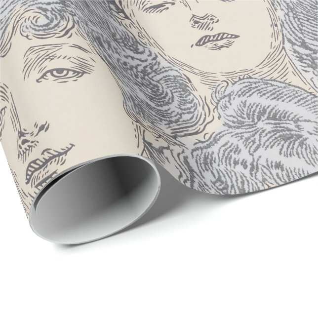 Papier Cadeau Gibson filles Victorian femme gris motif de pêche (Coin rond)