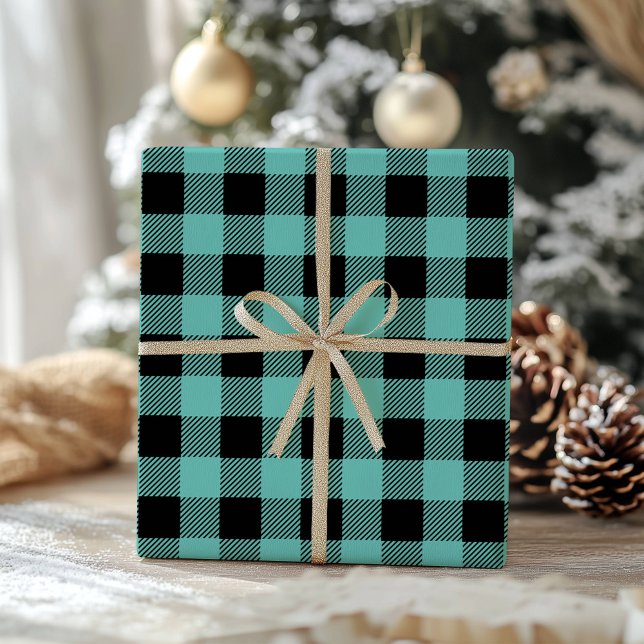 Papier Cadeau Gingham à carreaux de buffle noir sarcelle Lumberj (Créateur téléchargé)