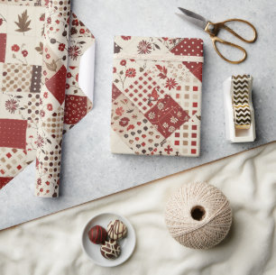 Papier Cadeau Gingham à carreaux rouges Cottagecore floral