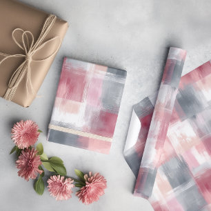 Papier Cadeau Gingham Abstrait Moyen Rose et Gris