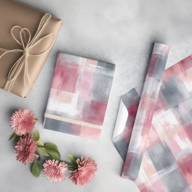Papier Cadeau Gingham Abstrait Moyen Rose et Gris (Créateur téléchargé)