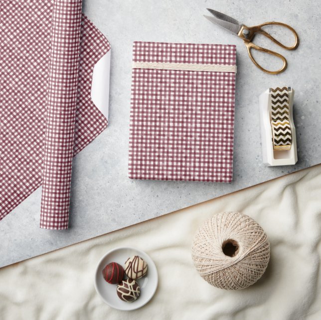 Papier Cadeau Gingham Aquarelle Bourgogne (Artisanat)