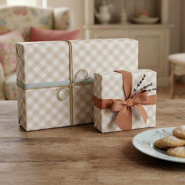 Papier Cadeau Gingham blanc taupe beige marron Shabby Chic (Créateur téléchargé)