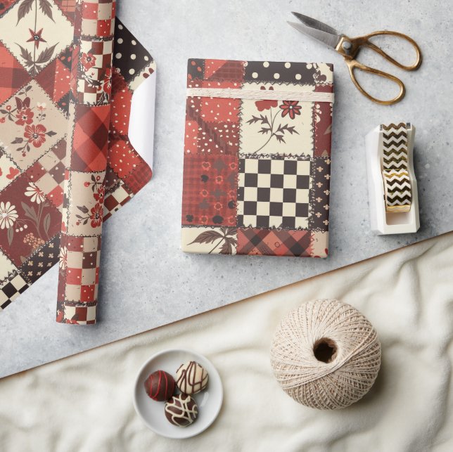 Papier Cadeau Gingham Fleurs de Cottage Rouge (Artisanat)