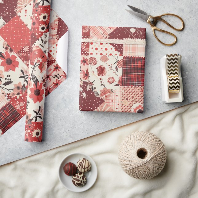Papier Cadeau Gingham Fleurs de Cottage Rouge (Artisanat)