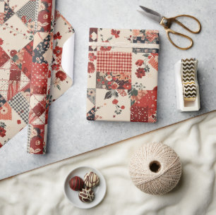 Papier Cadeau Gingham Fleurs de Cottage Rouge