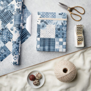 Papier Cadeau Gingham Floral Cottagecore Bleu en Patchwork