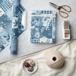 Papier Cadeau Gingham Floral Cottagecore Bleu en Patchwork de Qu