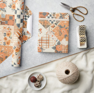 Papier Cadeau Gingham Floral Cottagecore Orange Broderie