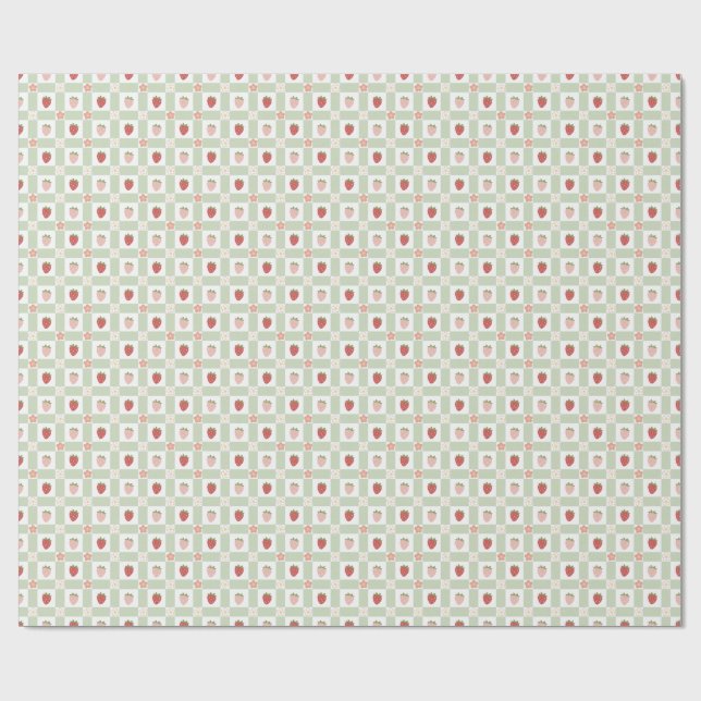 Papier Cadeau Gingham Fraise Pastel Vert 1er Anniversaire (Plat)