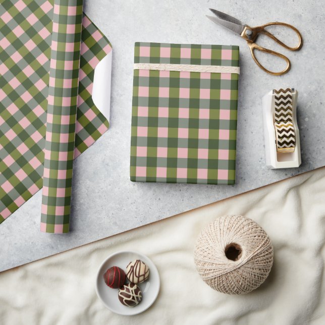 Papier Cadeau Gingham Rose Et Vert Printanier (Artisanat)