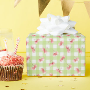 Papier Cadeau Gingham vert citron pastel cerise aquarelle rouge