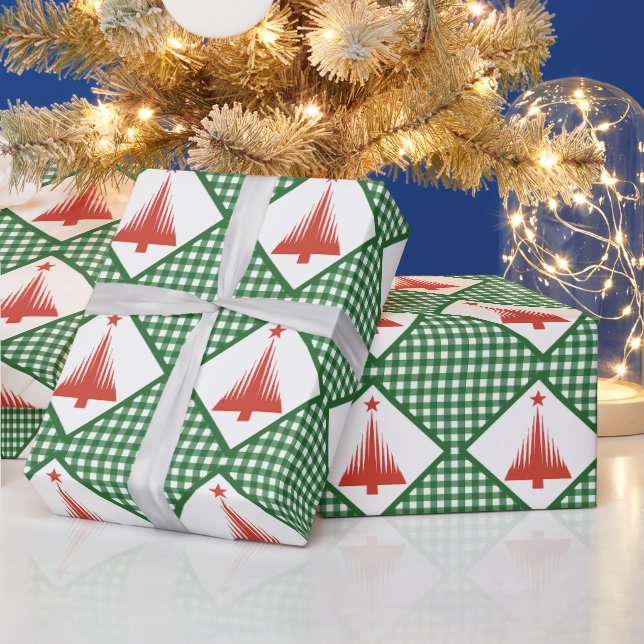 Papier Cadeau Gingham vert de Noël avec arbre rouge (Vacances)