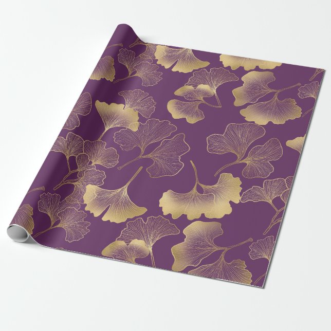 Papier Cadeau Ginkgo Botanique Or Violet Foncé (Déroulé)