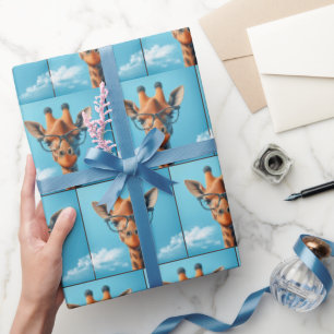 Papier Cadeau Girafe Dans Les Nuages Portant Des Lunettes D'Oeil