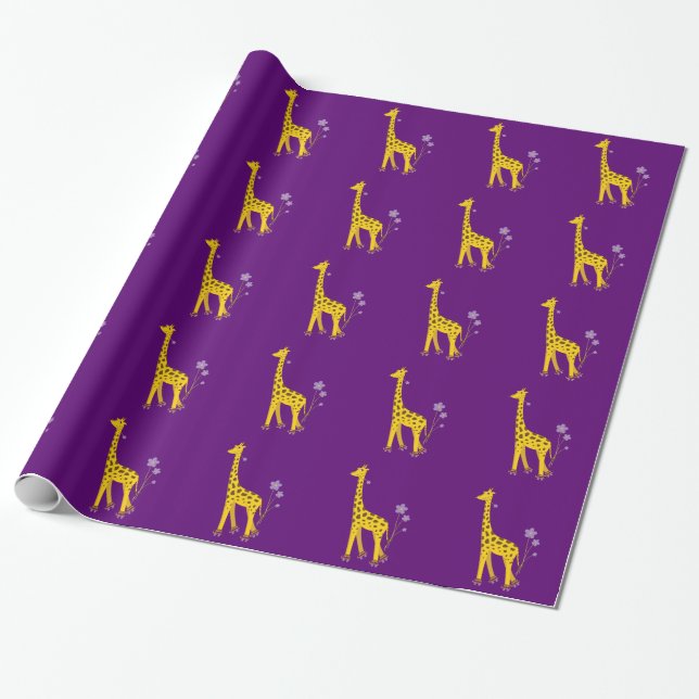 Papier Cadeau Girafe drôle pourpre de patinage de rouleau (Déroulé)
