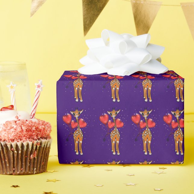 Papier Cadeau Girafe mignonne, ballons de coeur étincelant de pa (Fête d'anniversaire)