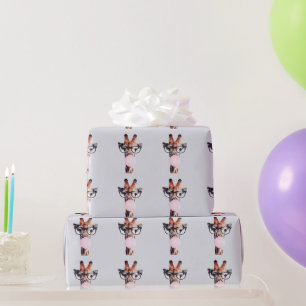 Papier Cadeau Girafe portant des lunettes soufflant bulle rose g
