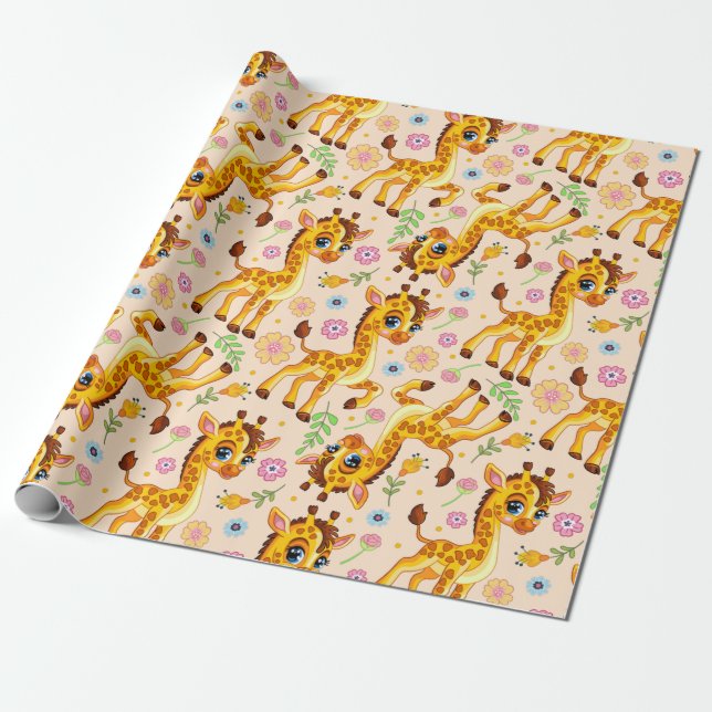 Papier Cadeau GIraffe de caricature mignonne (Déroulé)