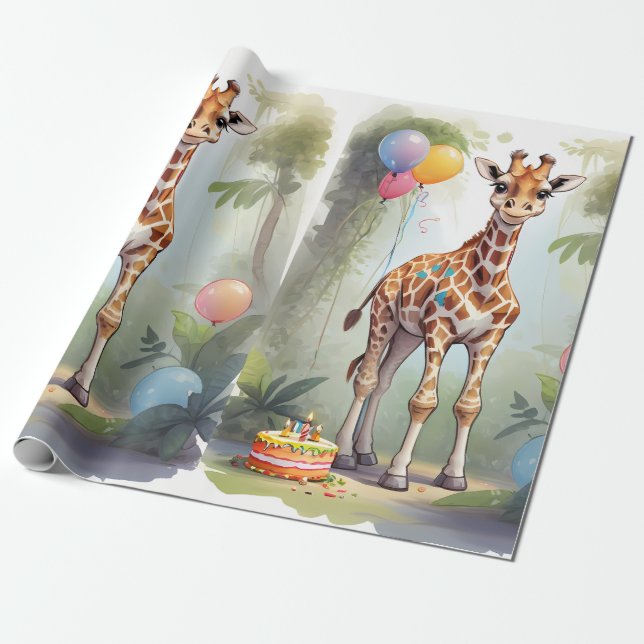 Papier Cadeau Giraffe & Gâteau dans la jungle | Papier d'enrobag (Déroulé)