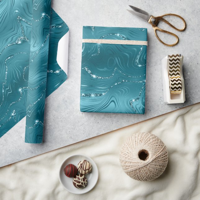 Papier Cadeau Girl Aqua Blue Glitzy Marble Anniversaire (Artisanat)