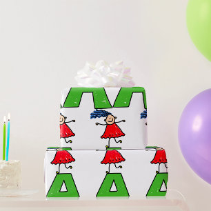 Papier Cadeau Girl Dancing on Green Letter A Fun Alphabet