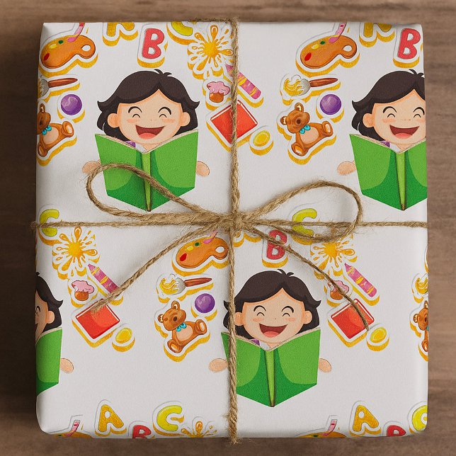 Papier Cadeau Girl Reading Learning ABC Letters and Toys (Créateur téléchargé)