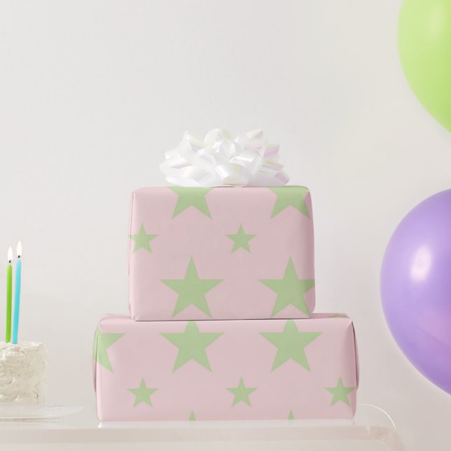 Papier Cadeau Girly Celestial Pastel Pink & Green Stars Pattern (Cadeaux de fête)