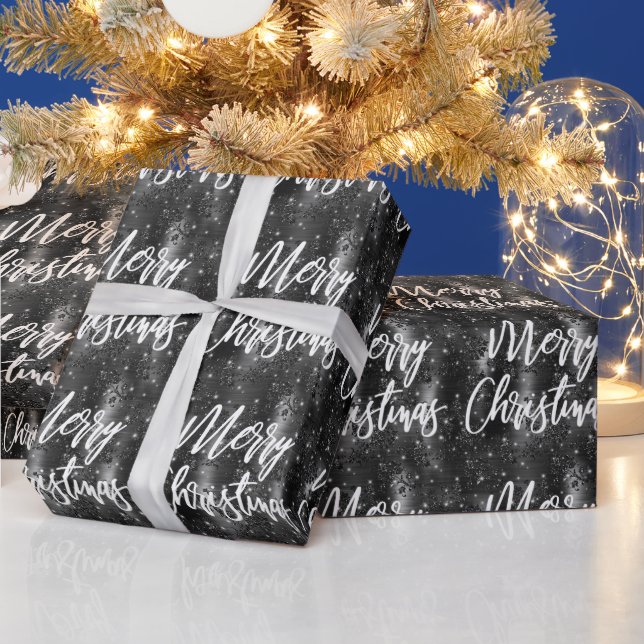 Papier Cadeau Glam Black Floral Glitter Joyeux Noël Script (Vacances)