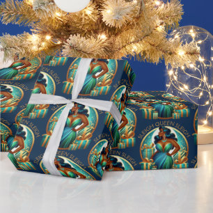 Papier Cadeau Glam Black Woman Elegant Turquoise & Or Noël