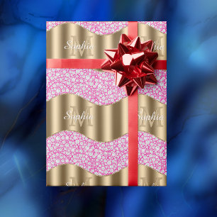 Papier Cadeau Glam Diamonds Fuchsia, Monogramme Or, Nom en écrit