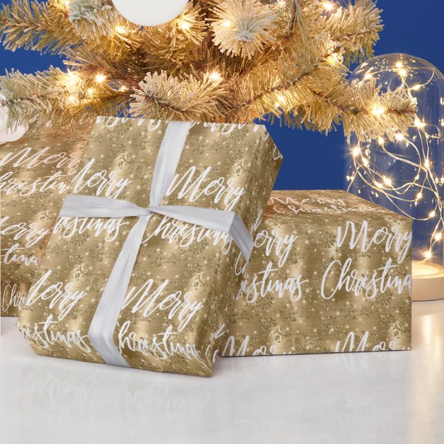 Papier Cadeau Glam Gold Floral Glitter Joyeux Noël Script (Vacances)