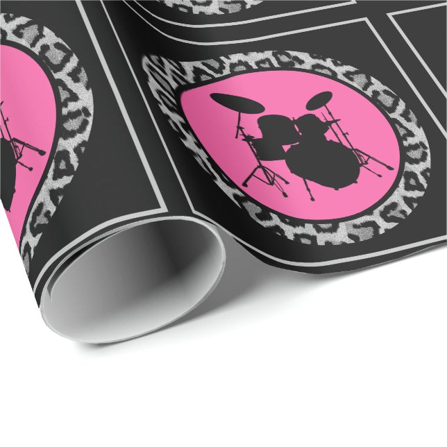 Papier Cadeau Glam Rock Drummer Leopard Drum Kit cadeau musicien (Coin rond)