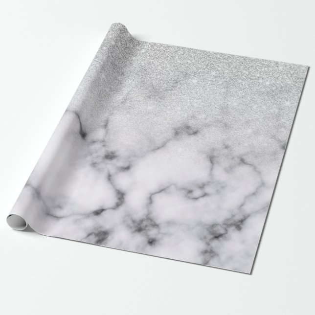Papier Cadeau Glamorous Silver White Glitter Marble Gradient (Déroulé)