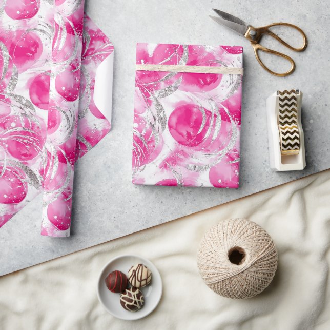 Papier Cadeau Glamour Rose Argent Abstrait Cercles Noël (Artisanat)