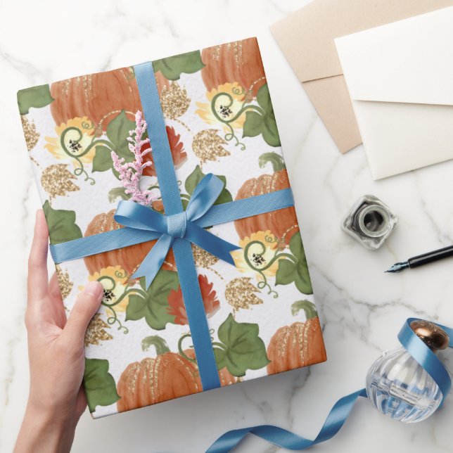 Papier Cadeau Glitterie orange et blanche Citrouilles et vignes (Cadeaux)