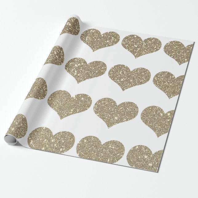 Papier Cadeau Glittery Gold Heart Motifs Golden White Sparkle (Déroulé)