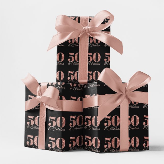 Papier Cadeau Glittery Rose Gold 50 & Fabulous sur Black (Glittery Rose Gold 50 & Fabulous on Black Wrapping Paper)