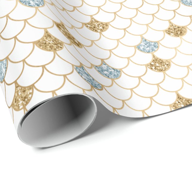 Papier Cadeau Glitzy Mermaid Blue Gold Sparkle (Coin rond)