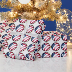 Papier Cadeau Globe du drapeau américain avec cadre bleu or et a
