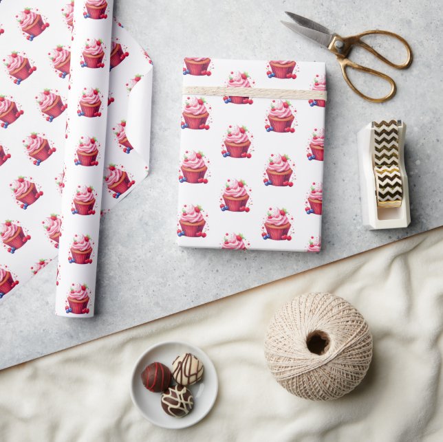 Papier Cadeau Glossy Wrapping Paper Pink Cupcake  (Artisanat)