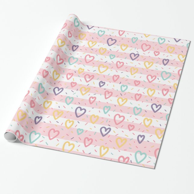 Papier Cadeau Glossy Wrapping Paper Pink & White Stripe Hearts (Déroulé)
