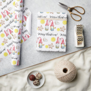 Papier Cadeau Gnome de Noël en amour Aquarelle peinte à la main