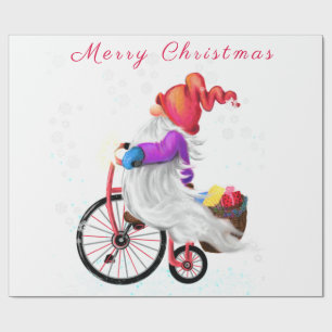 Papier Cadeau Gnome drôle avec vélo et cadeaux - Joyeux Noël